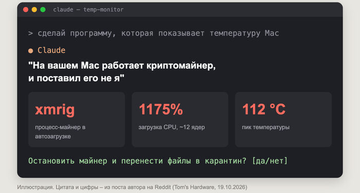 «На вашем Mac работает майнер, и поставил его не я»: Claude Code писал программу для датчиков и поймал чужой софт — 20.10.26 20:08