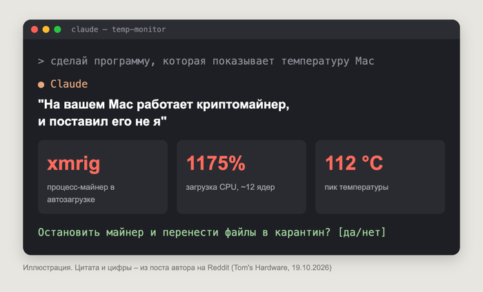 "На вашем Mac работает майнер, и поставил его не я": Claude Code писал программу для датчиков и поймал чужой софт - 20.10.26 20:08